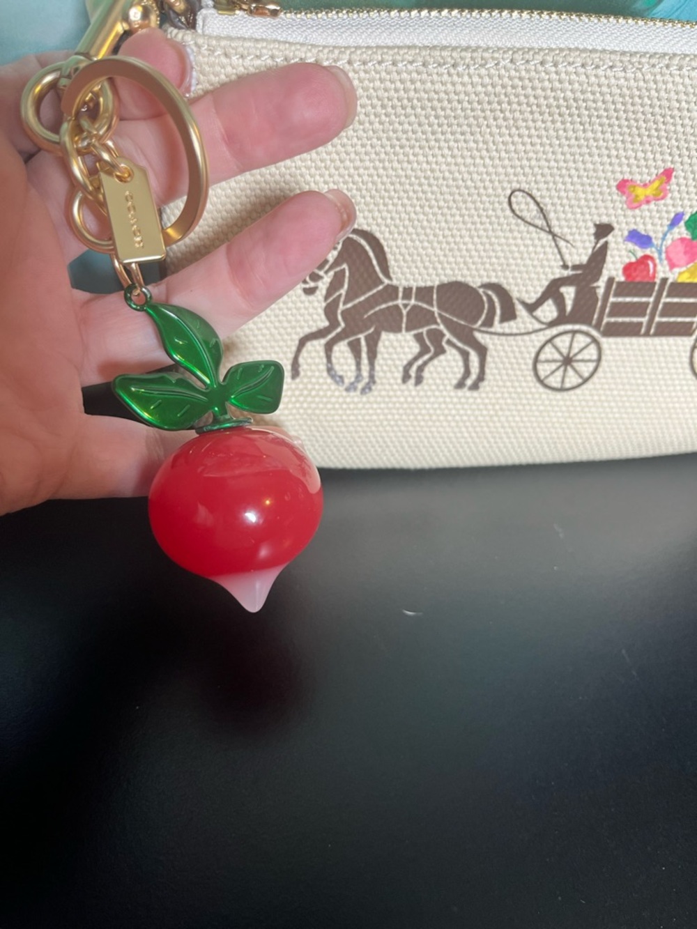 Coach Large Wristlet 19 Dreamy Veggie Horse & Carriage w/ Matching Radish Charm - Picture 5 of 6